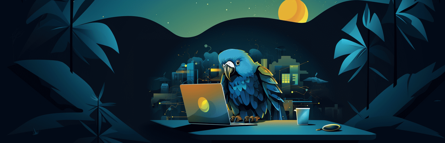 smart parrot working at a laptop