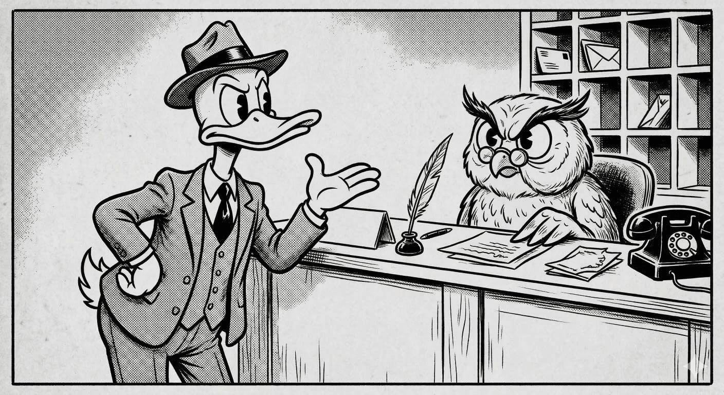 Cartoon image of a duck trying to check in at a counter with an annoyed looking owl