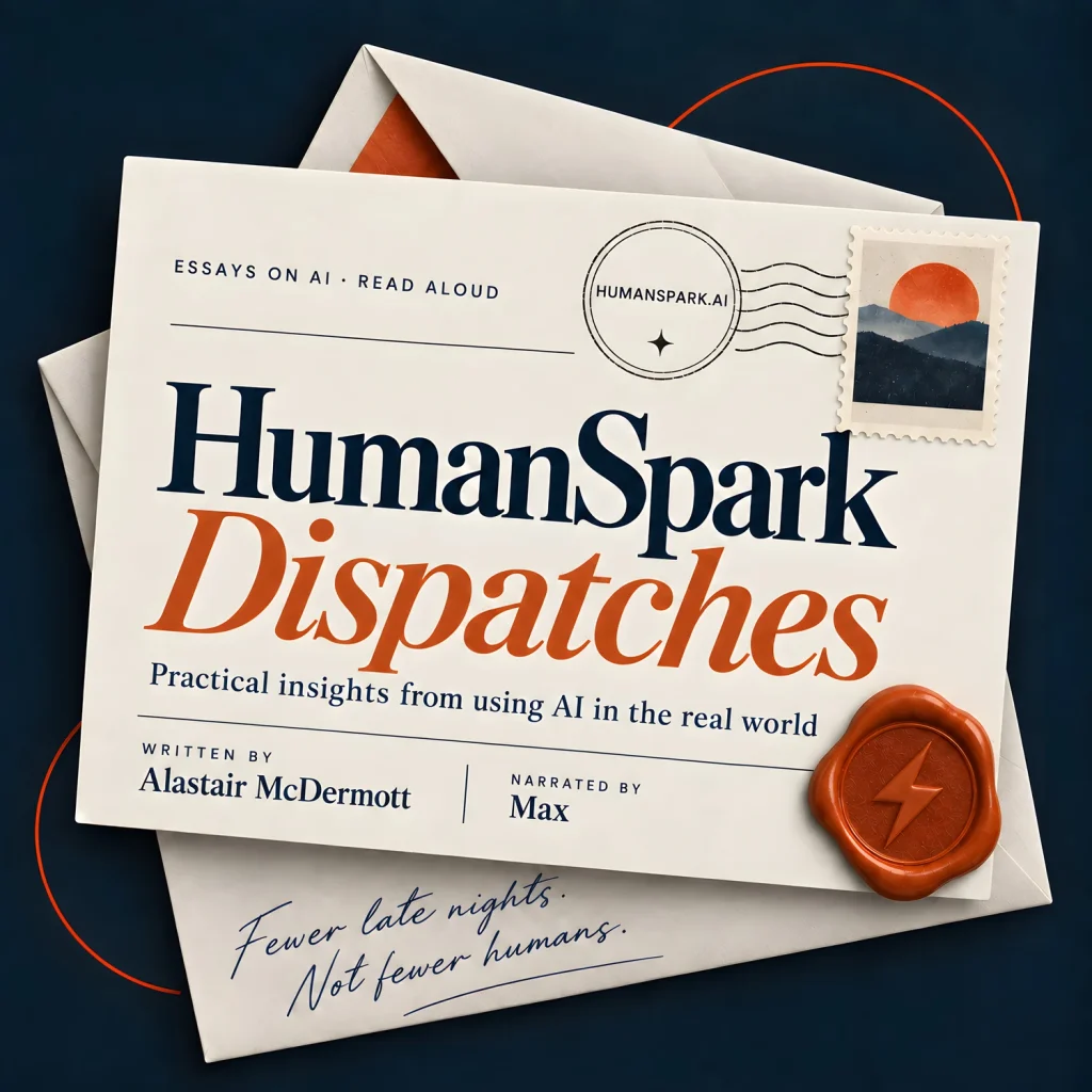 HumanSpark Dispatches cover: a cream letter on stacked envelopes, with a HUMANSPARK.AI postmark, a stamp and an orange wax seal