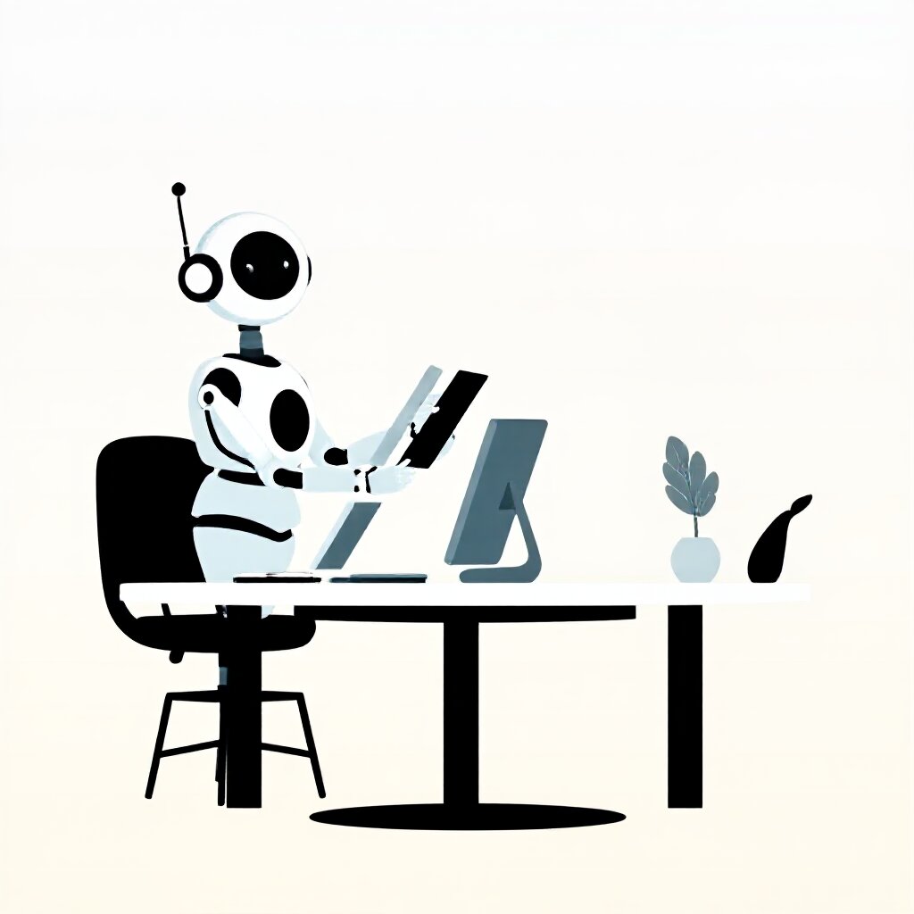 flat vector illustration of a friendly robot assistant helping a person at a desk, minimal clean style