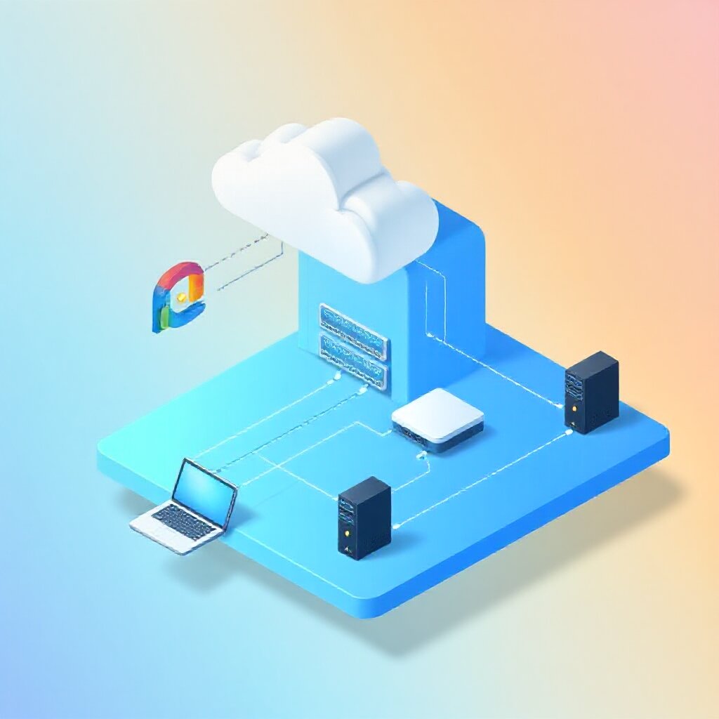 isometric illustration of cloud computing infrastructure with servers and connected devices