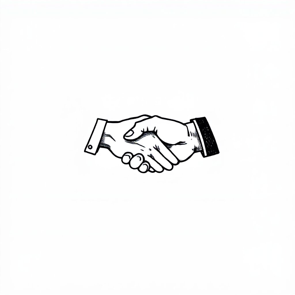 minimal single-line art drawing of a handshake, black ink on cream paper, elegant