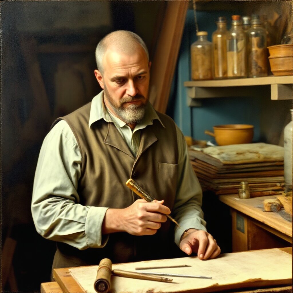 classical oil painting portrait of a thoughtful craftsman at his workbench, Rembrandt lighting
