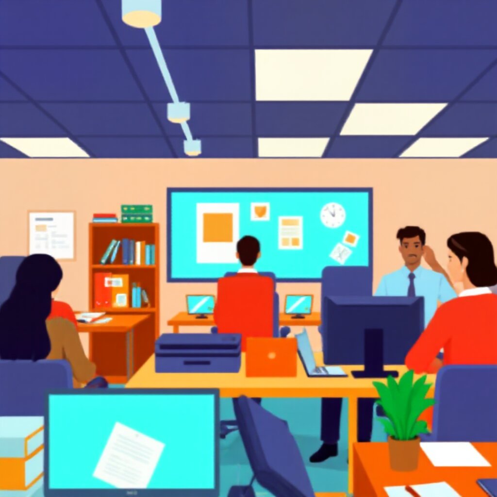 retro pixel art of a busy office scene styled like a 1990s video game