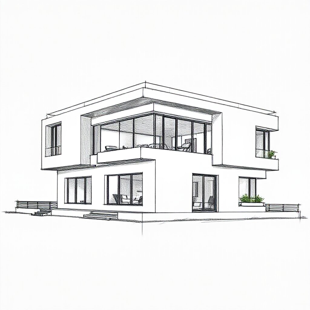 detailed pencil sketch of an architect's concept drawing of a modern building, construction lines visible